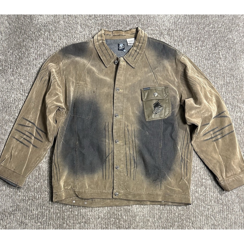 Vintage Mecca Denim Jacket Mens XL Brown Black Faded Button Front Y2K